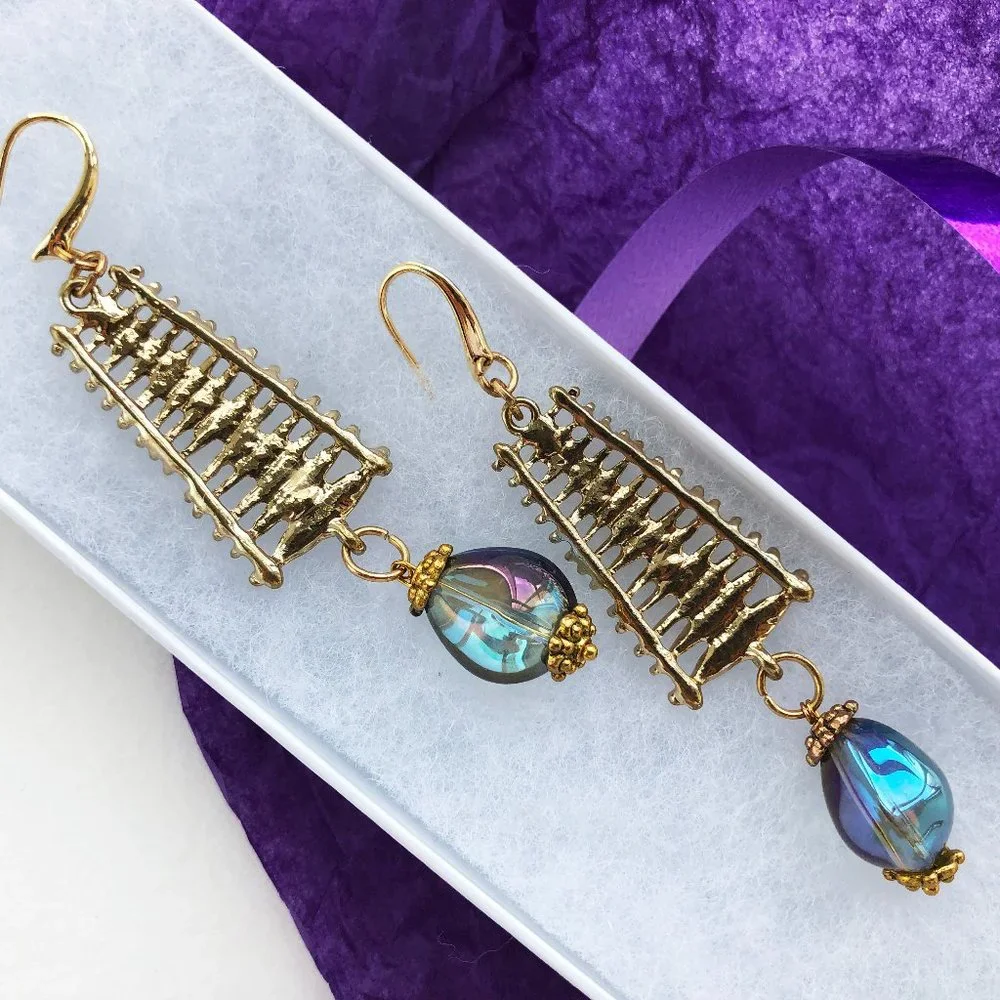 Long party earrings for women, glass bead drop dangle earrings gold handmade